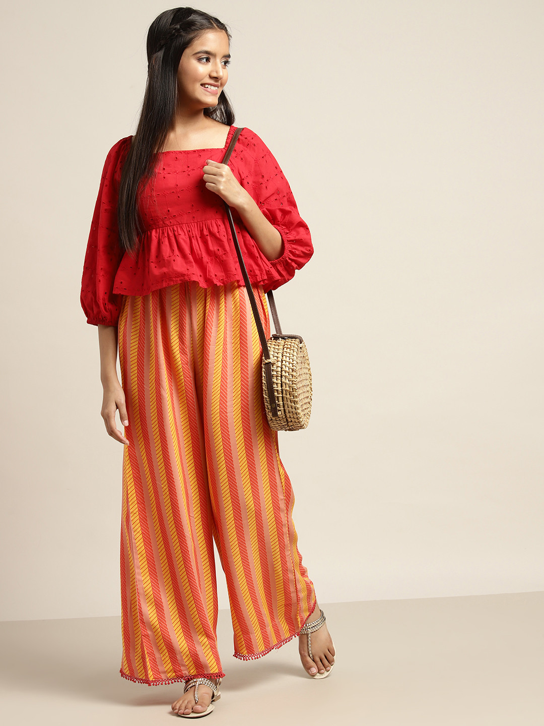 

Sangria Girls Coral Orange & Yellow Striped Wide Leg Palazzos