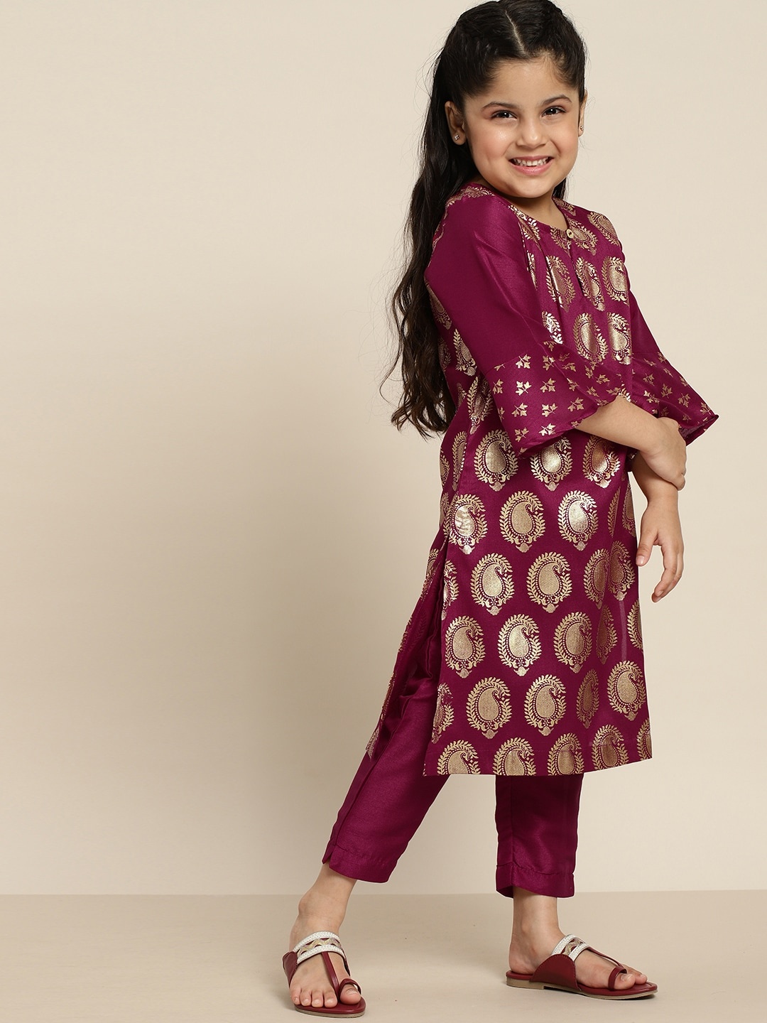 

Sangria Girls Magenta & Golden Paisley Foil Print Kurta with Trousers