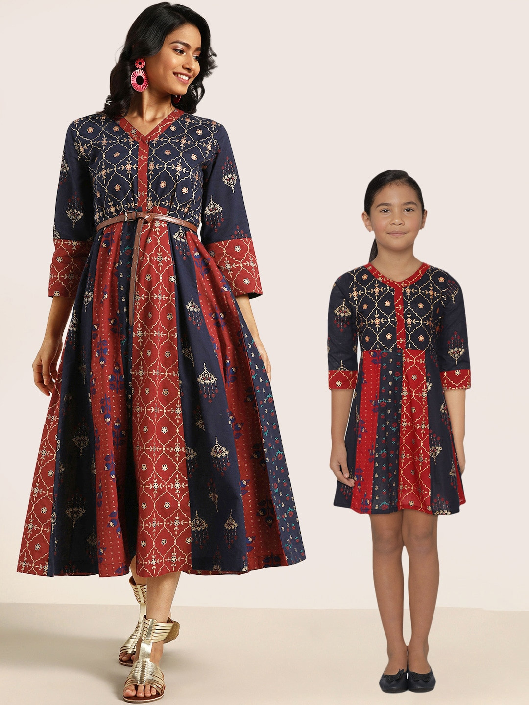 

Sangria Girls Navy Blue & Red Pure Cotton Ethnic Printed A-Line Dress