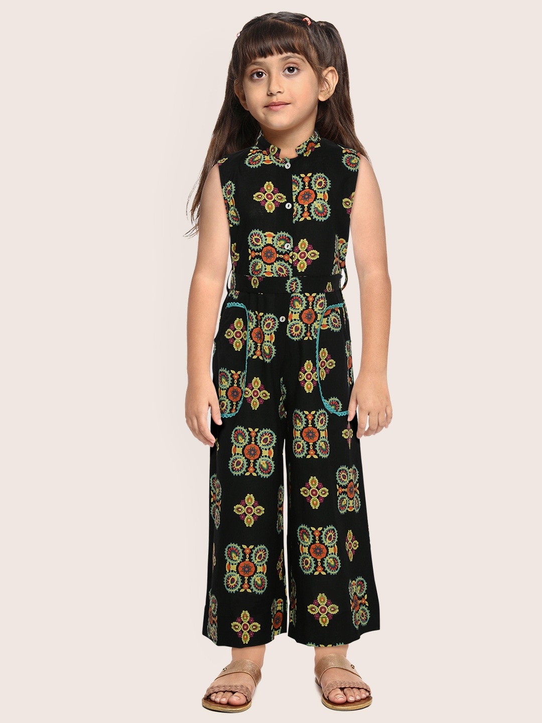 

Sangria Girls Black & Blue Pure Cotton Ethnic Printed Basic Jumpsuit