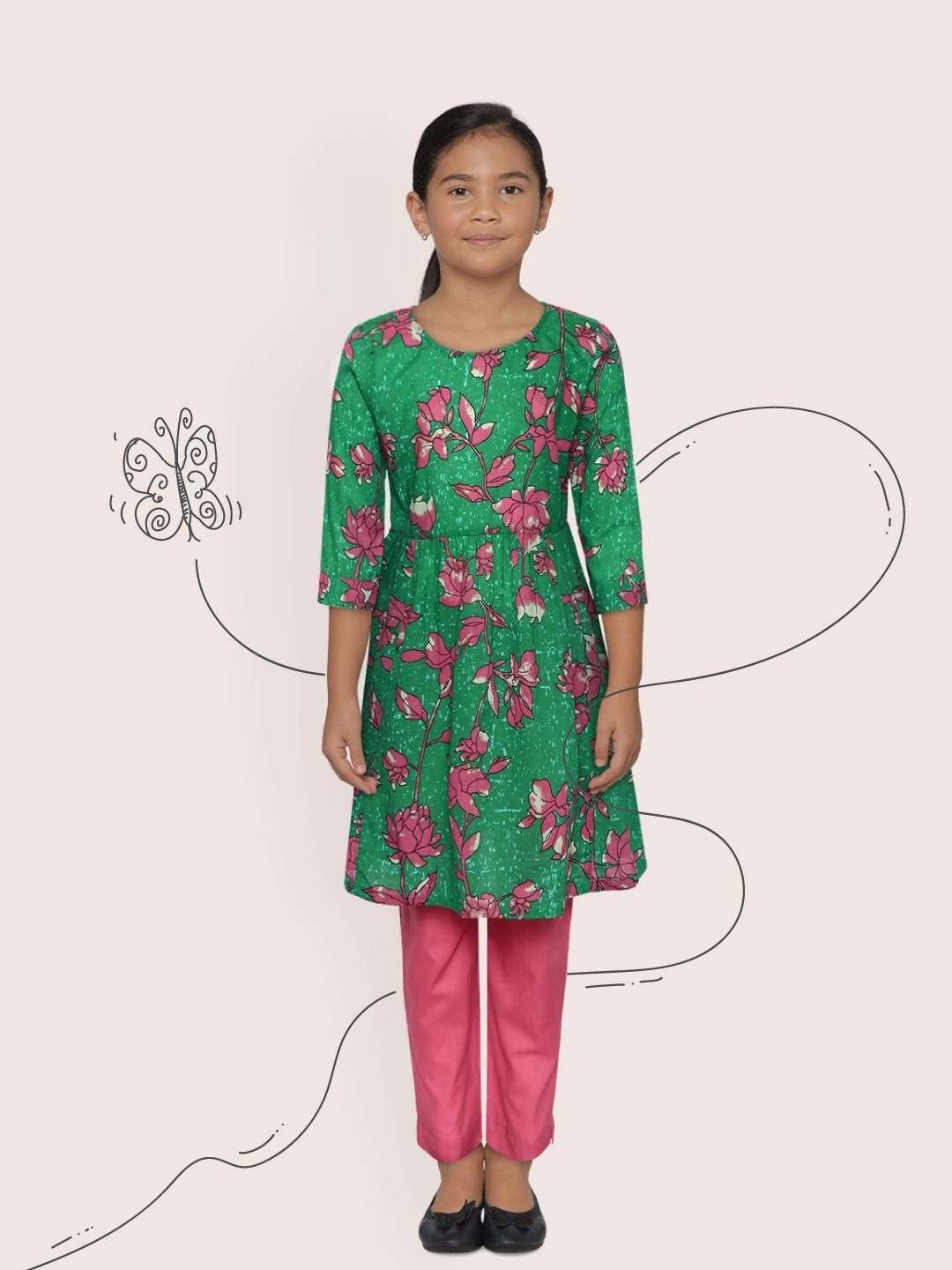 

Sangria Green & Pink Pure Cotton Floral Print A-Line Kurta with Solid Trousers