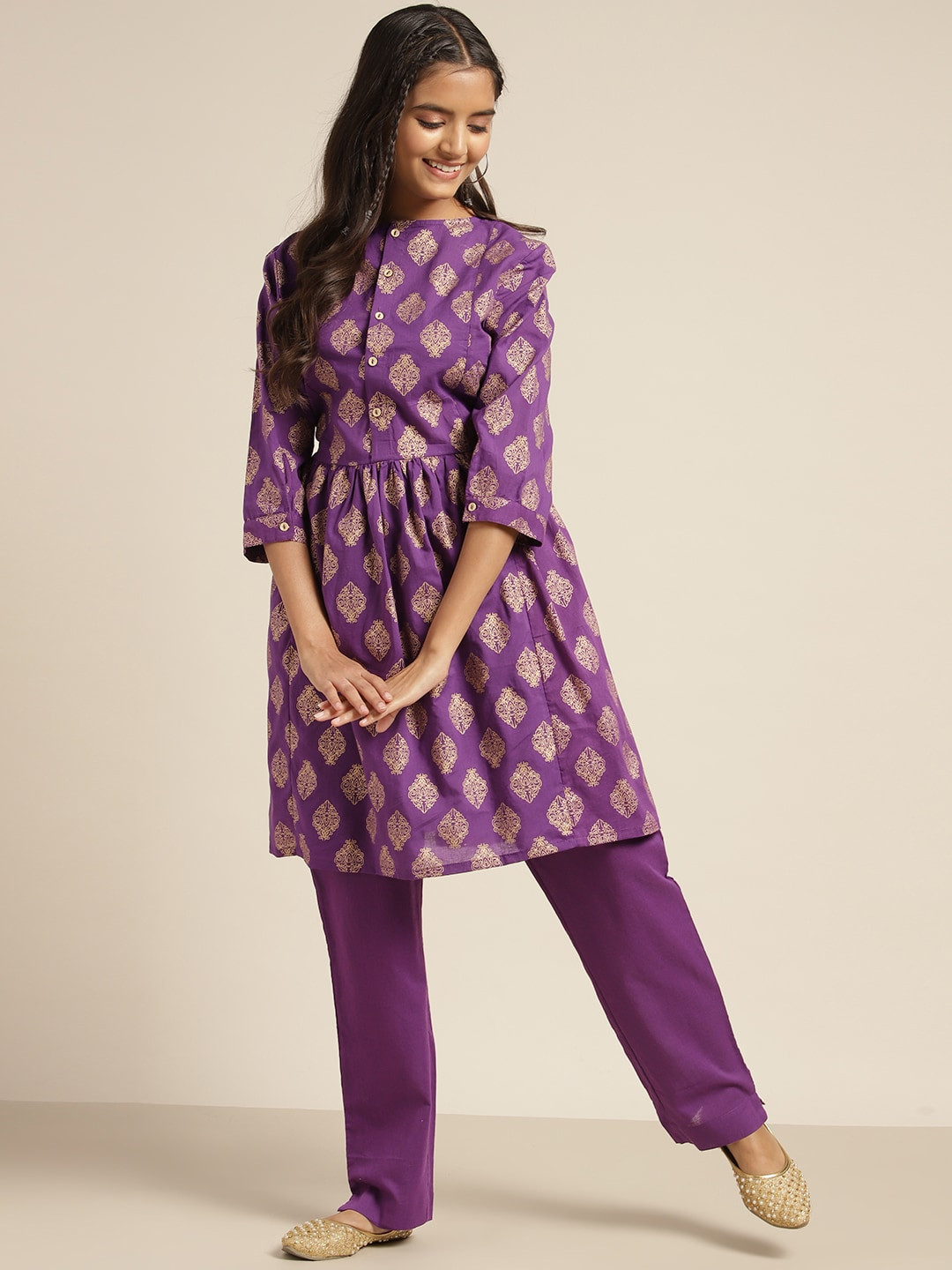 

Sangria Girls Purple & Golden Ethnic Print Pure Cotton Kurta with Trousers