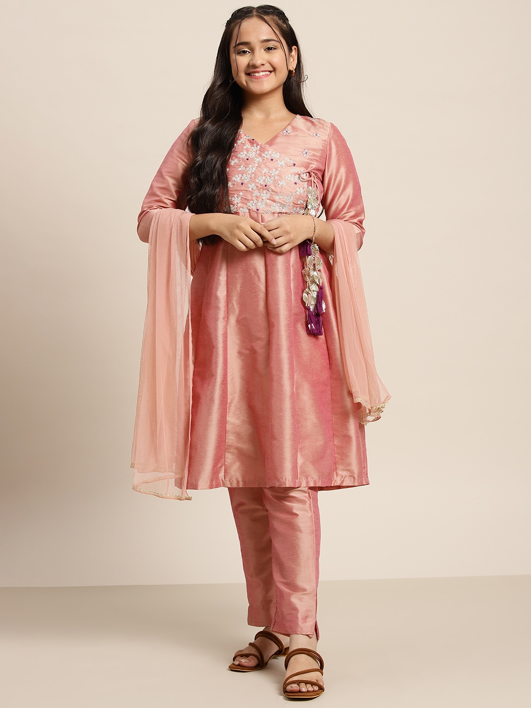 

Sangria Girls Peach & Golden Yoke Design Angrakha Kurta with Trousers & Dupatta