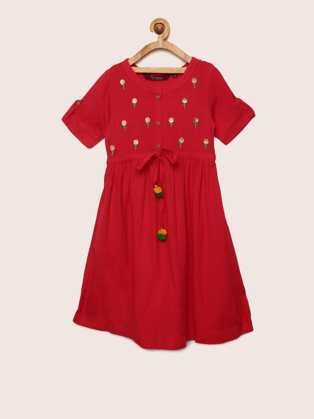 

Sangria Girls Floral Embroidered Fit and Flare Ethnic Dress, Red