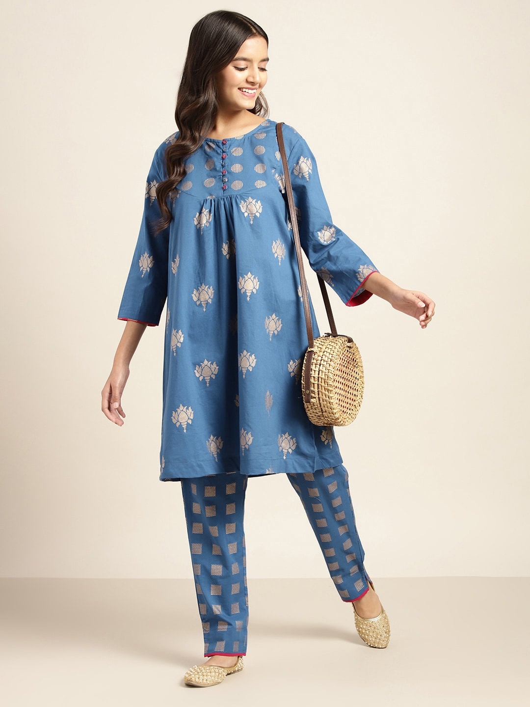 

Sangria Girls Blue & Golden Ethnic Motifs Print Kurta with Trousers
