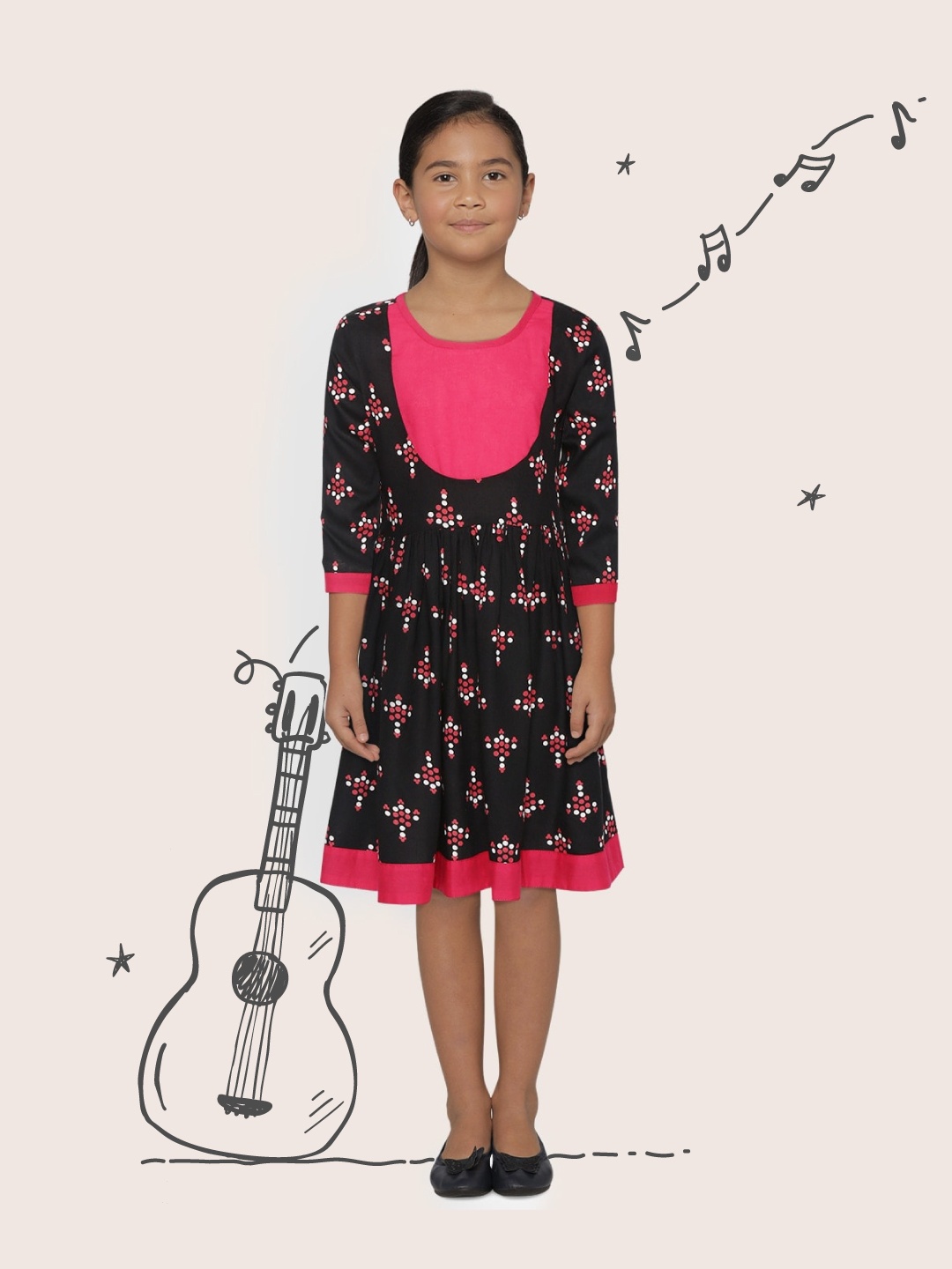 

Sangria Girls Black & Pink Ethnic Motif Print A-Line Dress