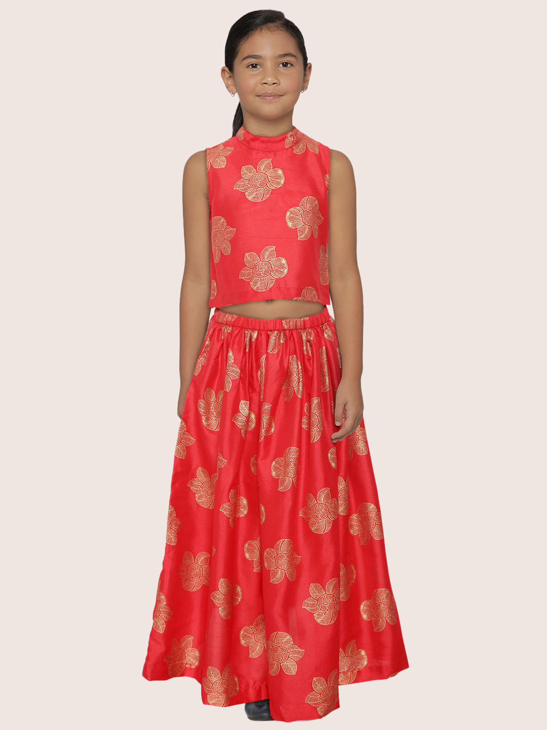 

Sangria Girls Red & Golden Ethnic Motifs Print Ready to Wear Lehenga with Blouse
