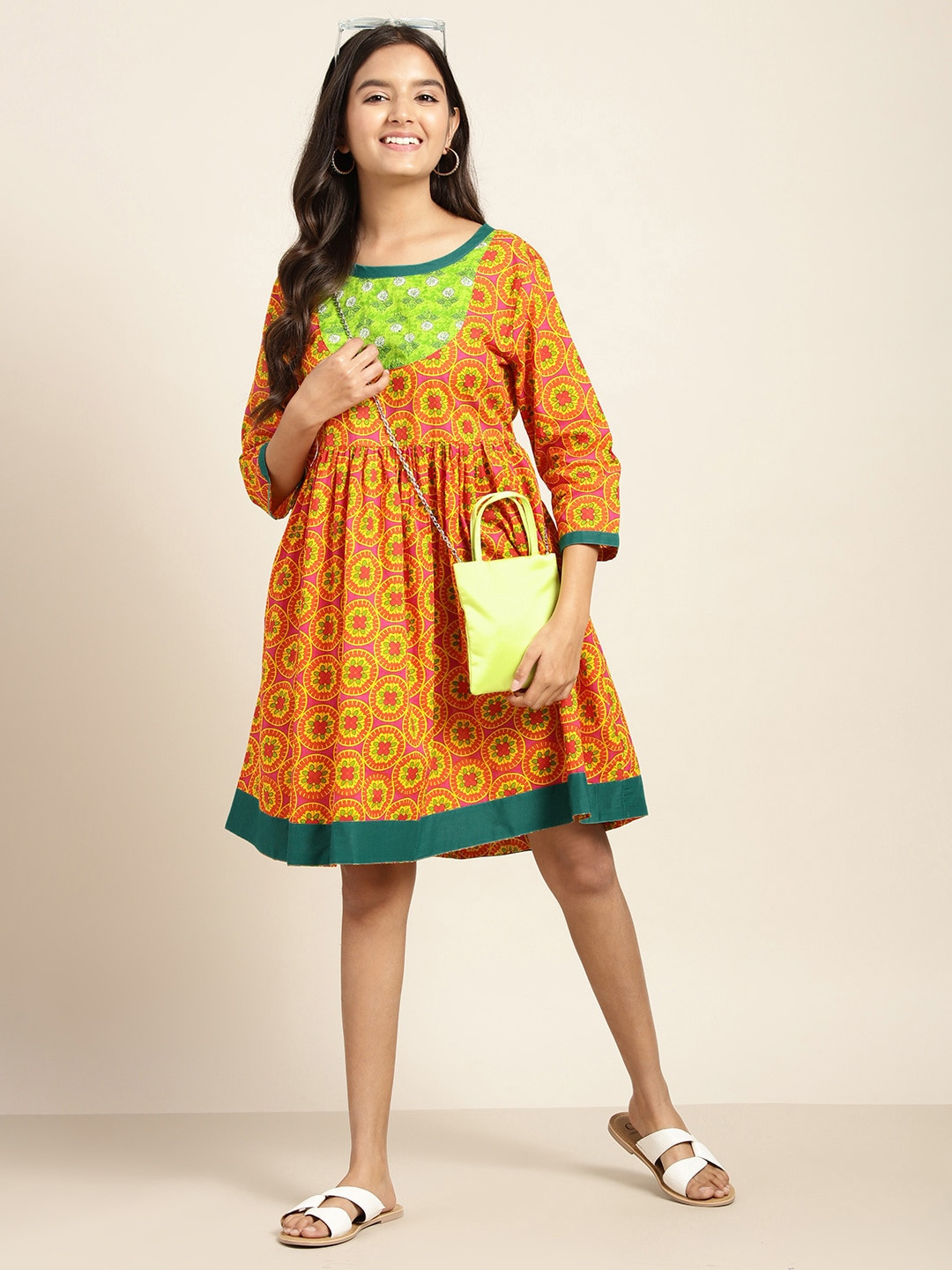 

Sangria Girls Orange & Mustard Yellow Printed A-Line Dress