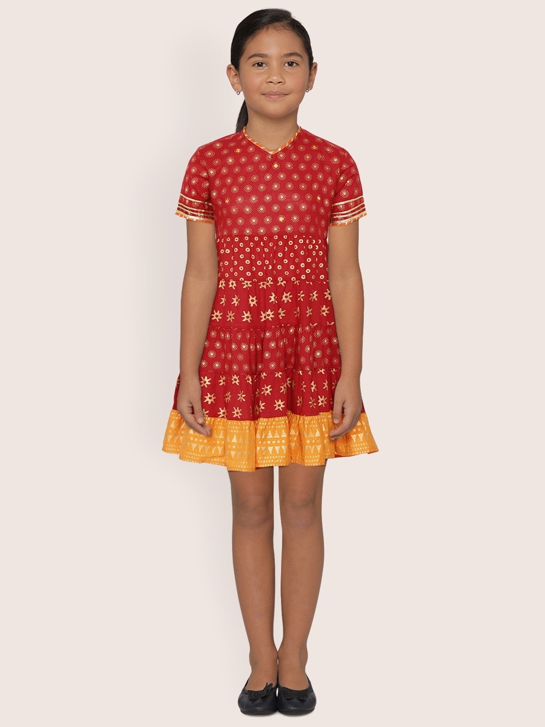 

Sangria Girls Ethnic Motifs Print Cotton Tiered A-Line Dress, Red