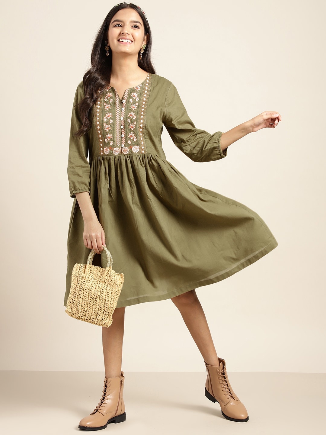 

Sangria Girls Floral Embroidered Cotton A-Line Dress, Olive