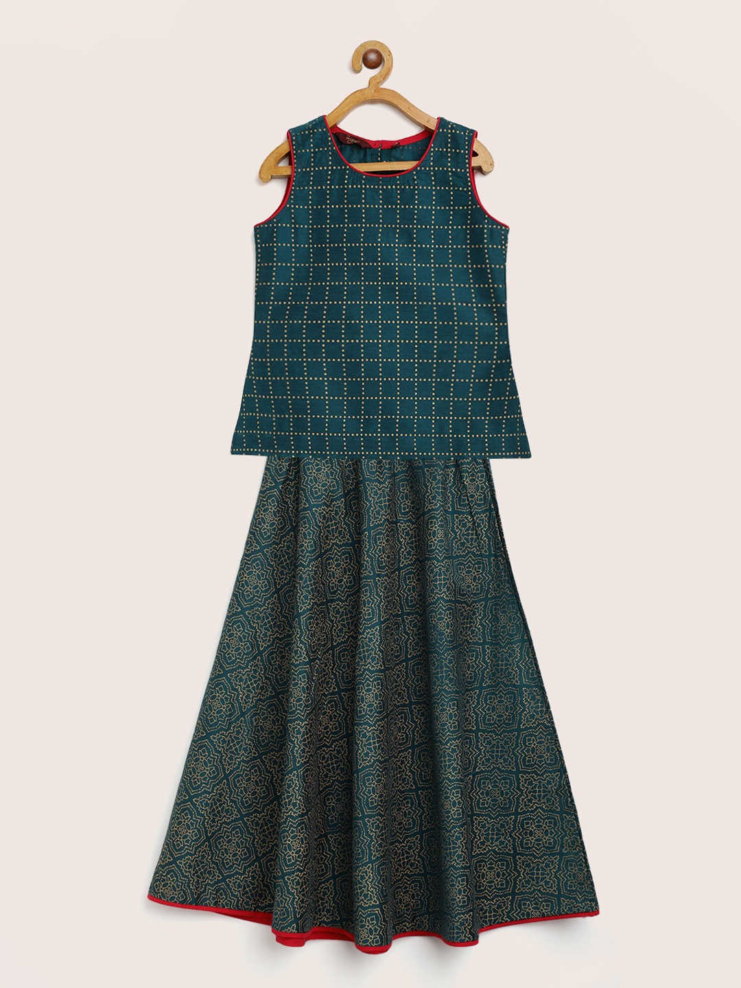 

Sangria Girls Dark Green & Golden Printed Ready to Wear Pure Cotton Lehenga with Blouse