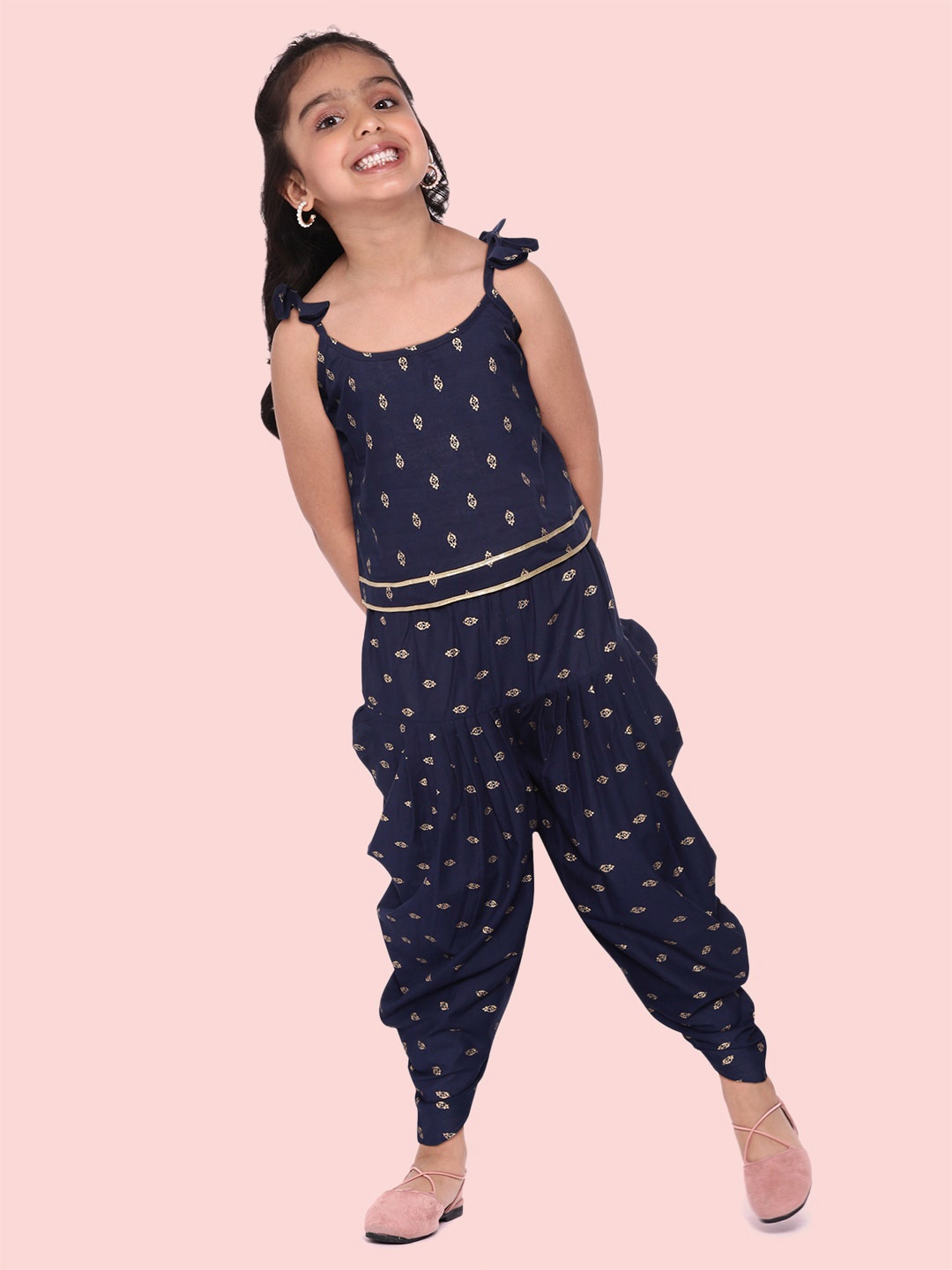 

Sangria Girls Navy Blue & Golden Printed Cotton Top with Dhoti Pants