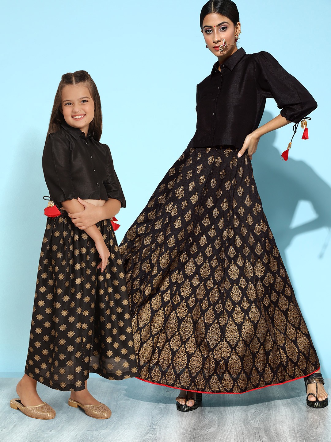 

Sangria Girls Black & Golden Printed Ready to Wear Lehenga with Solid Blouse