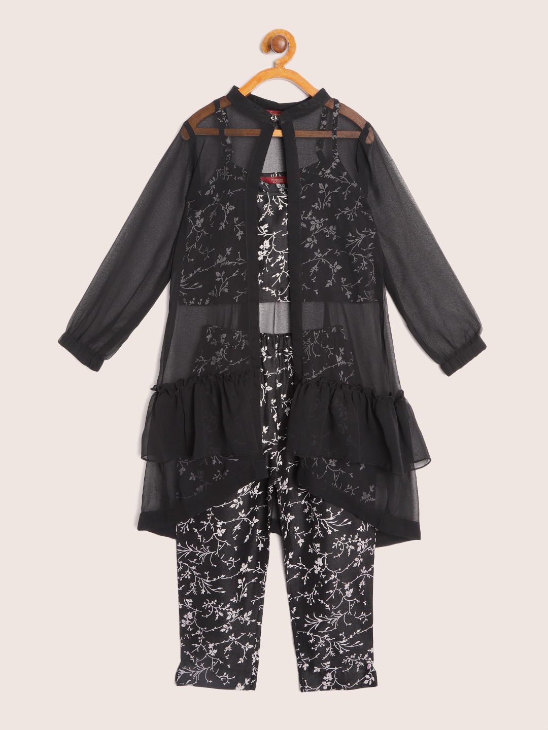 

Sangria Girls Black & White Floral Printed Crop Top with Trousers & Shrug