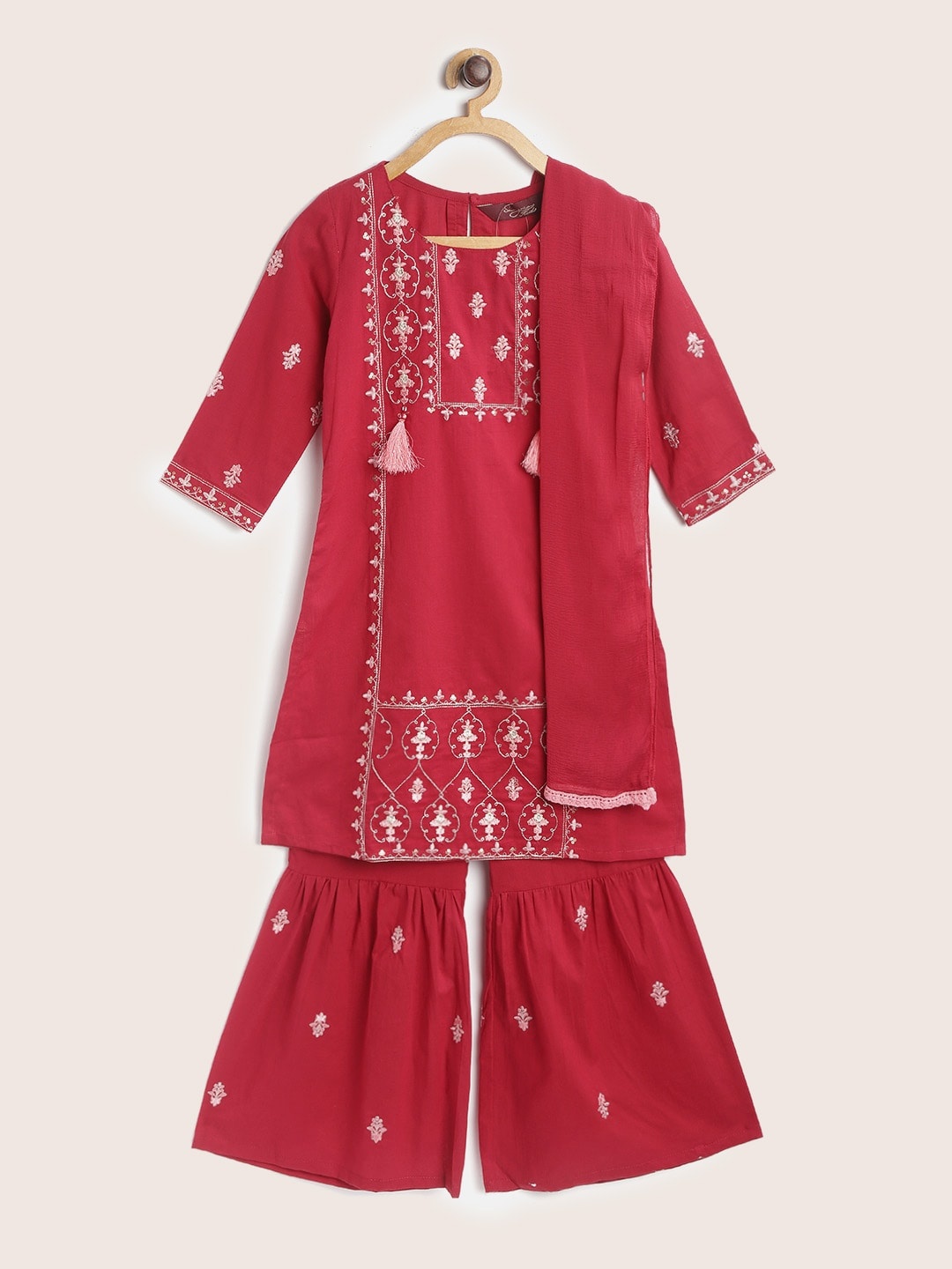 

Sangria Girls Red & Pink Ethnic Embroidered Kurta with Sharara & Dupatta