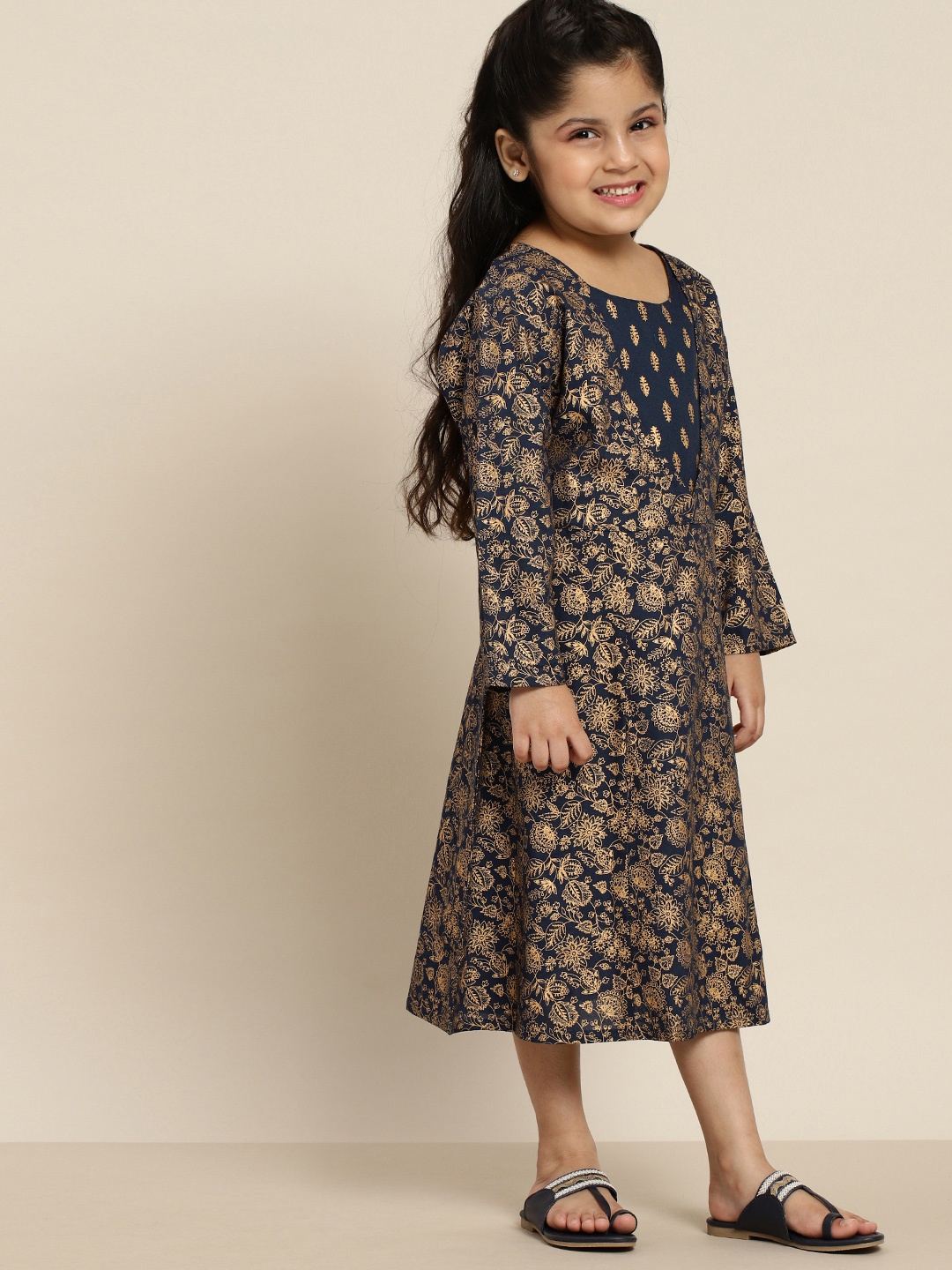 

Sangria Girls Beige & Blue Ethnic Motifs Print A-Line Dress