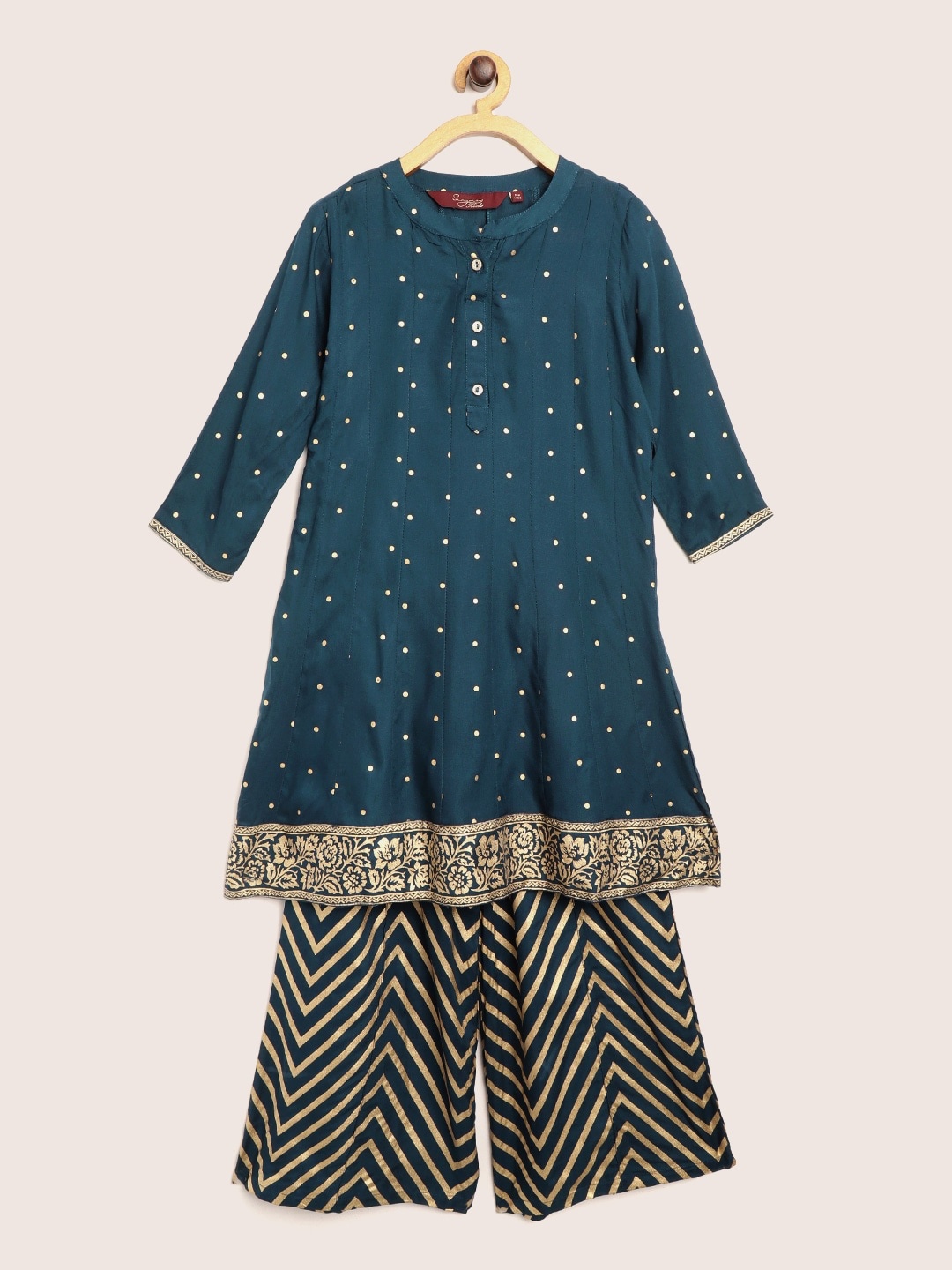 

Sangria Girls Teal Green & Golden Polka Dot Print Kurta with Chevron Print Palazzos