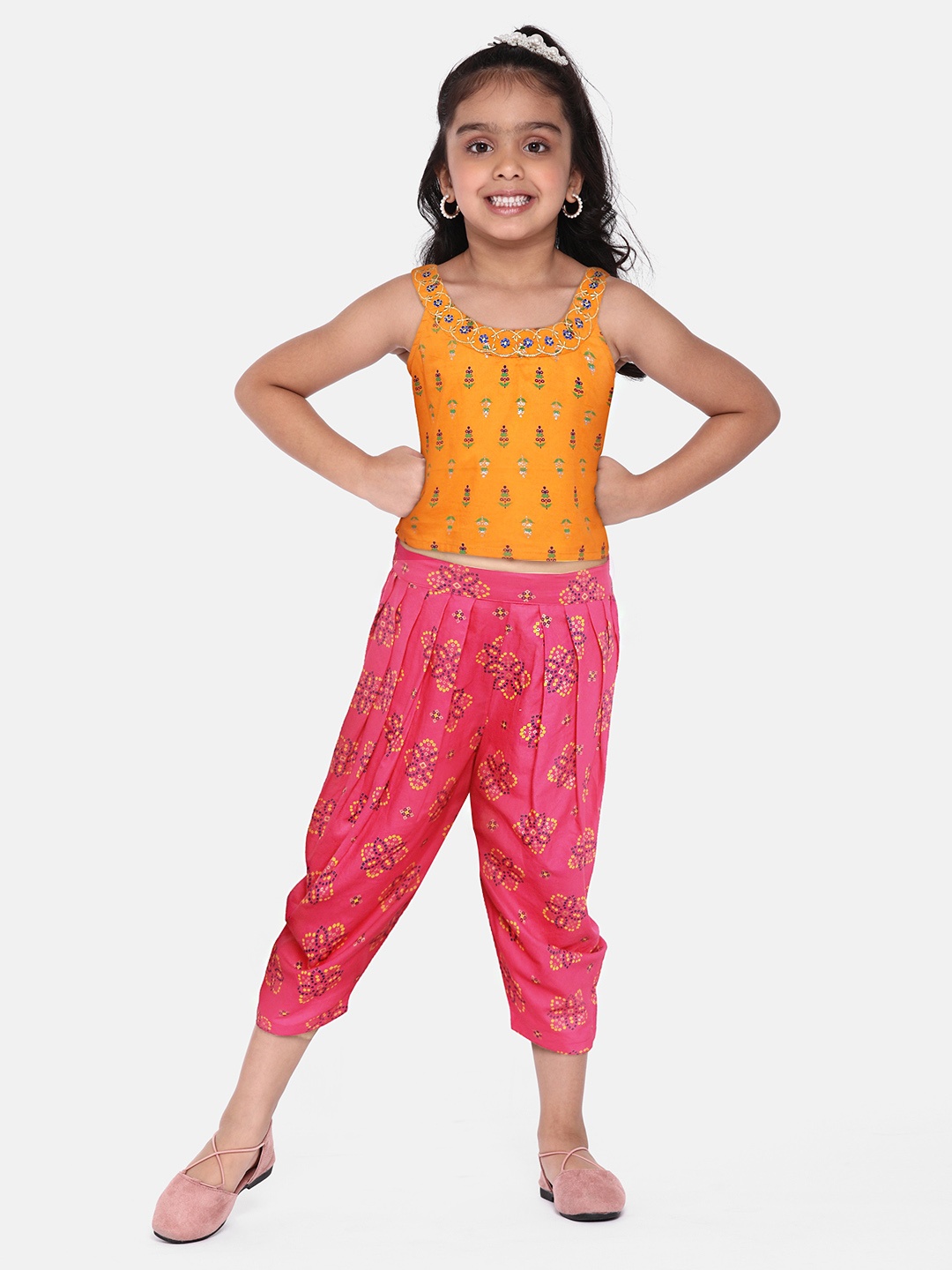 

Sangria Girls Orange & Pink Cotton Printed Crop Top with Dhoti Pants
