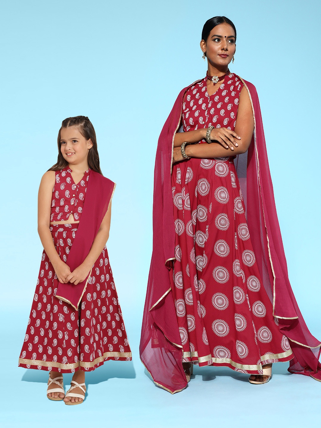 

Sangria Girls Maroon & White Ethnic Motifs Print Pure Cotton Ready to Wear Lehenga Choli