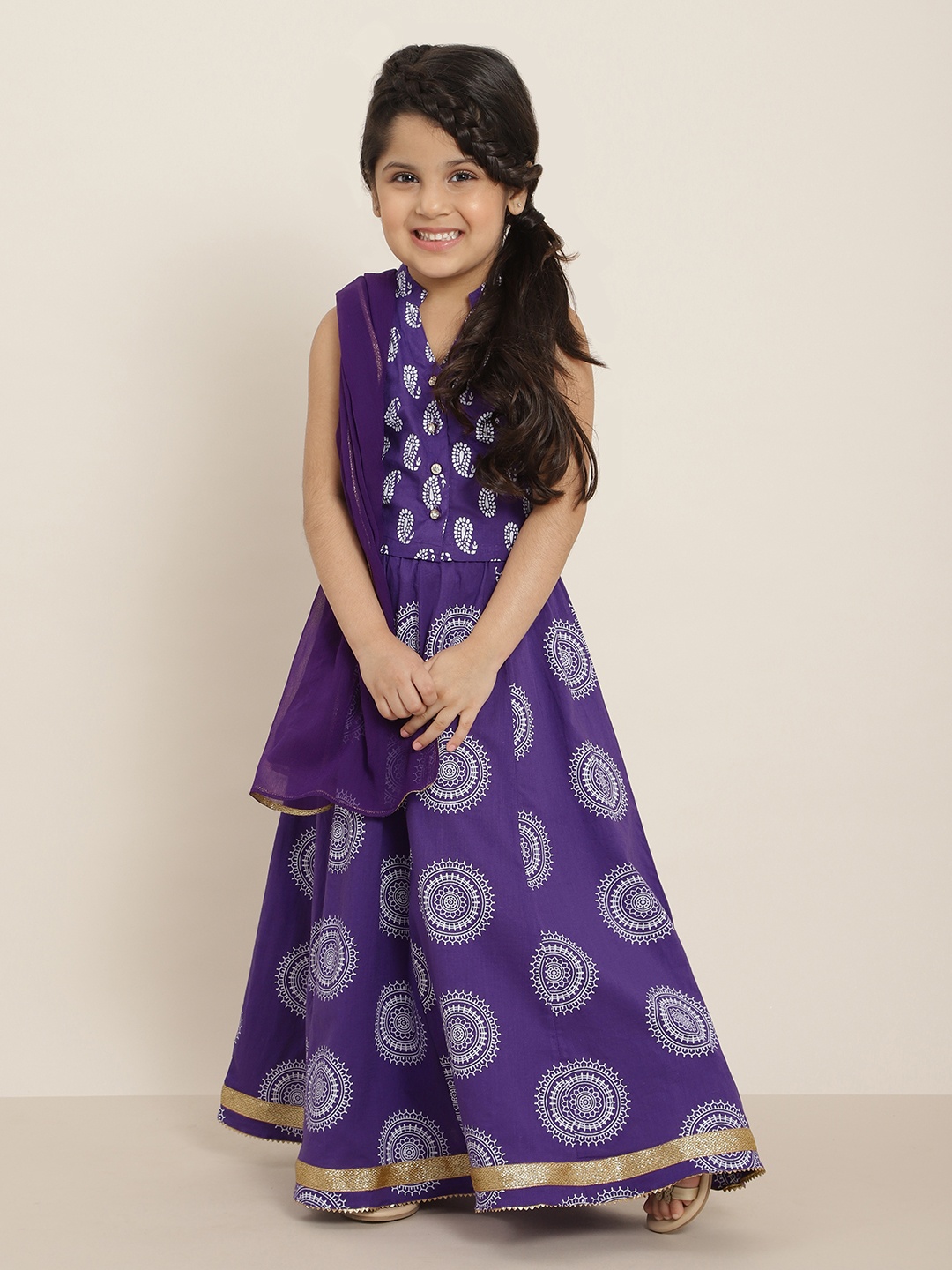 

Sangria Girls Purple & White Ethnic Motifs Print Pure Cotton Ready to Wear Lehenga Choli