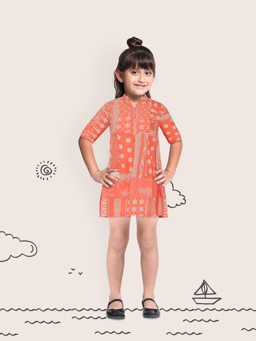 

Sangria Girls Coral Orange & Golden Ethnic Motif Print A-Line Dress