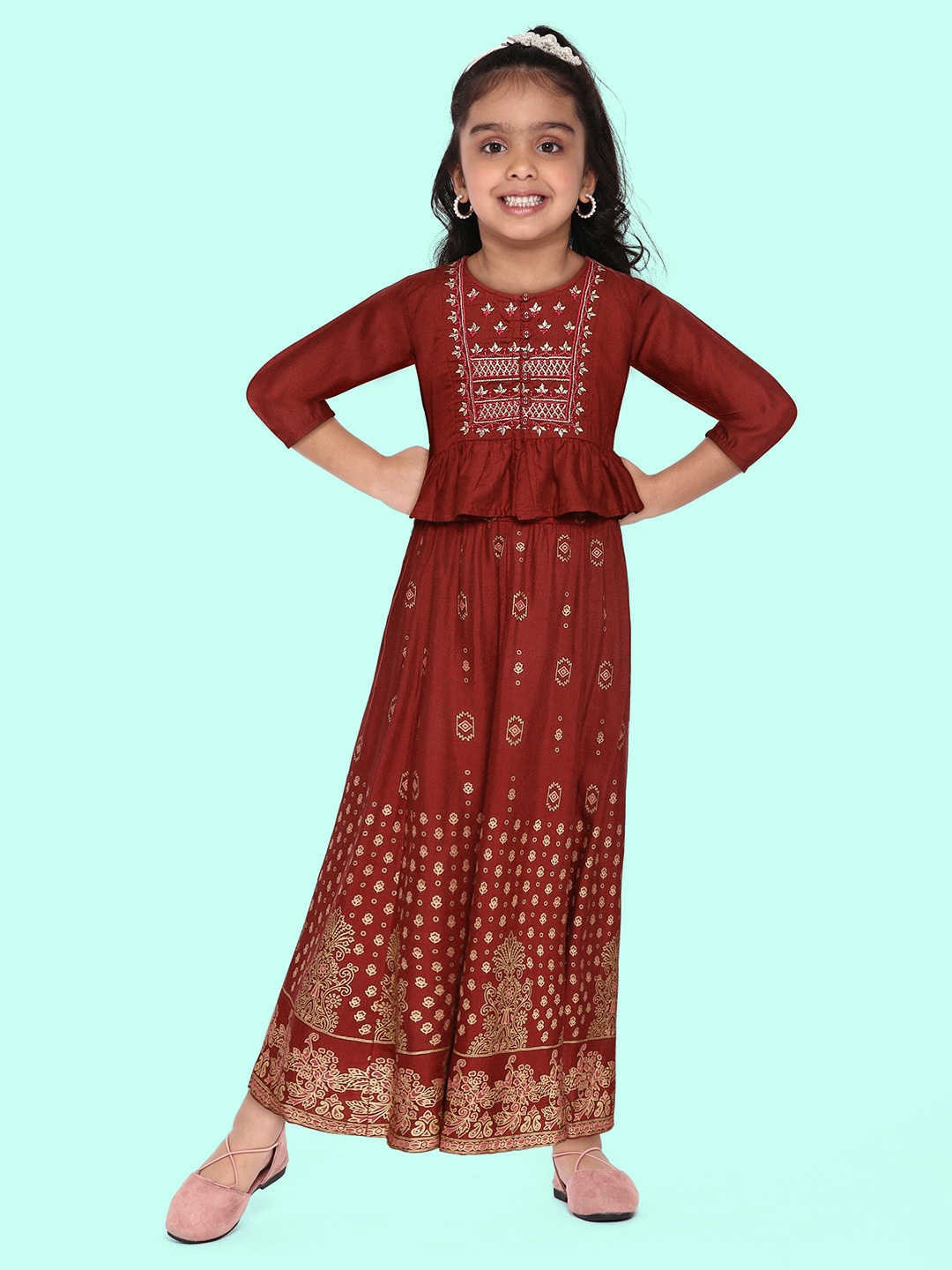 

Sangria Girls Maroon & Golden Ready to Wear Printed Lehenga with Embroidered Choli