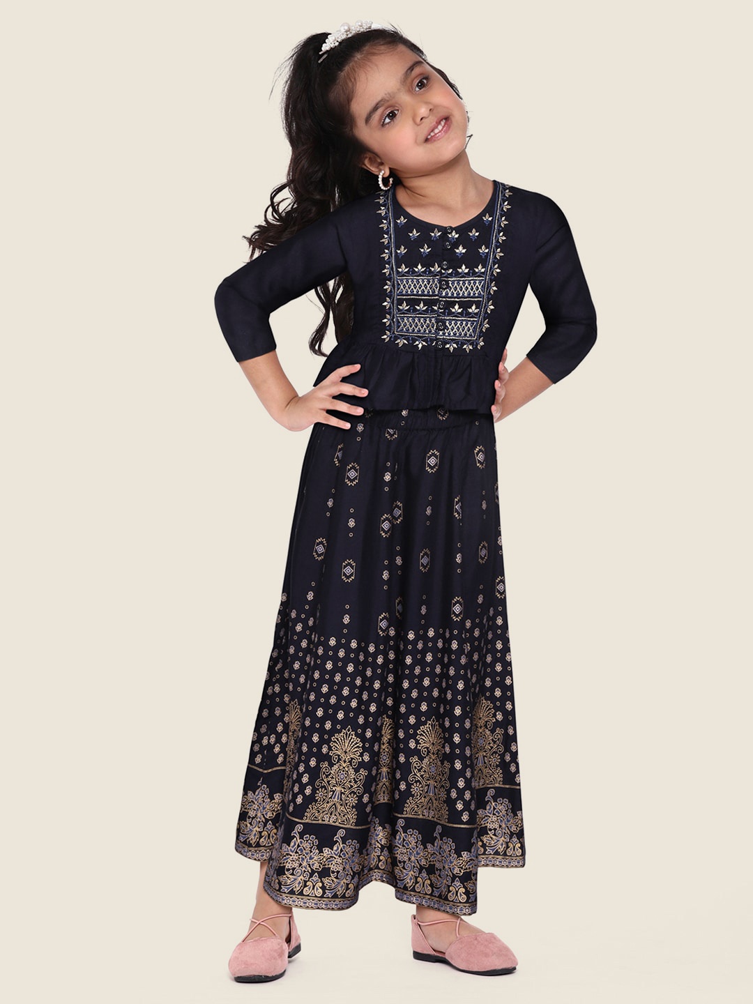 

Sangria Girls Navy Blue & Golden Ready to Wear Printed Lehenga with Embroidered Choli