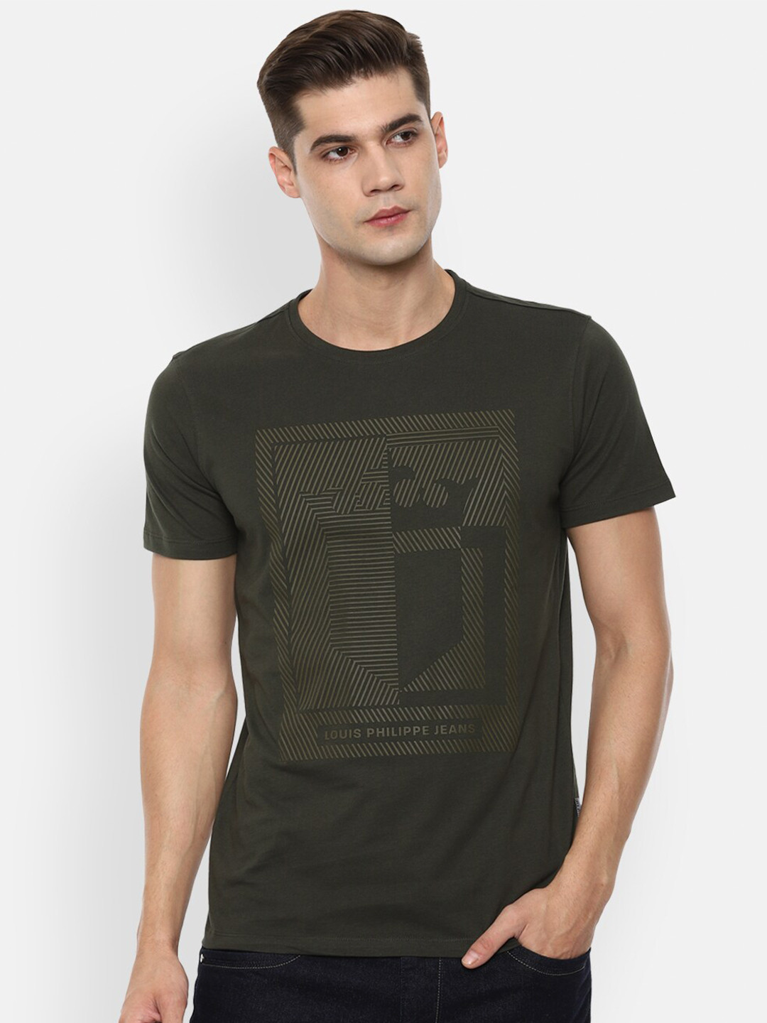 

Louis Philippe Jeans Men Olive Green Graphic Printed Slim Fit T-shirt