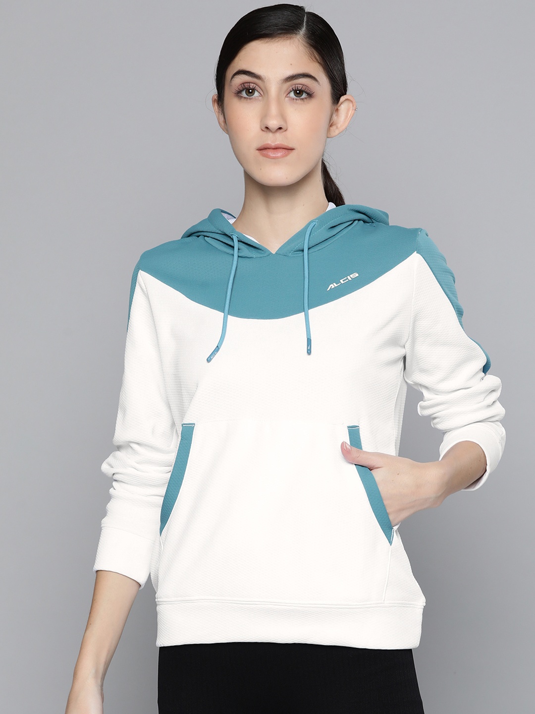 

Alcis Women White & Blue Colourblocked Hooded Sweatshirt