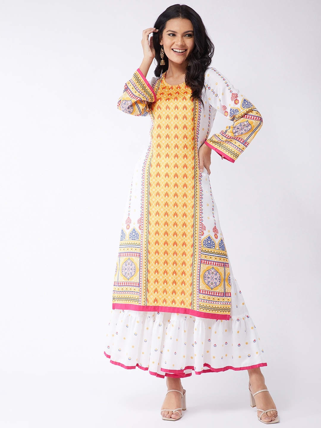 

Pannkh Women White Ethnic Motifs Printed Kurta with Sharara