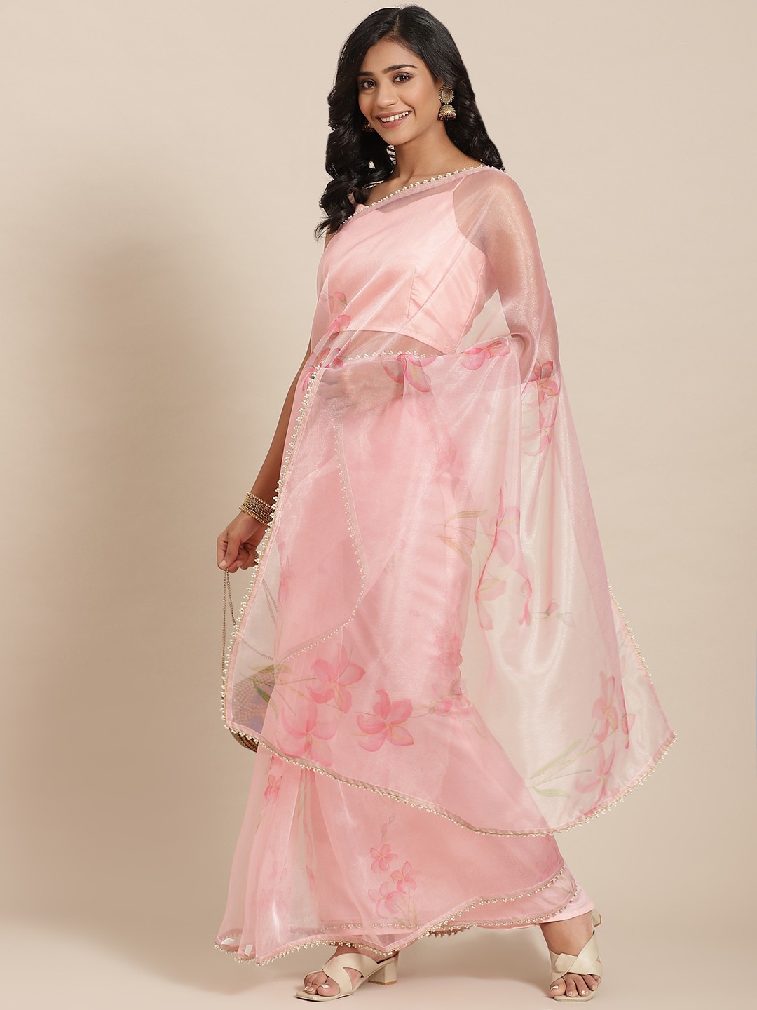 

Inddus Pink Floral Beads and Stones Organza Saree