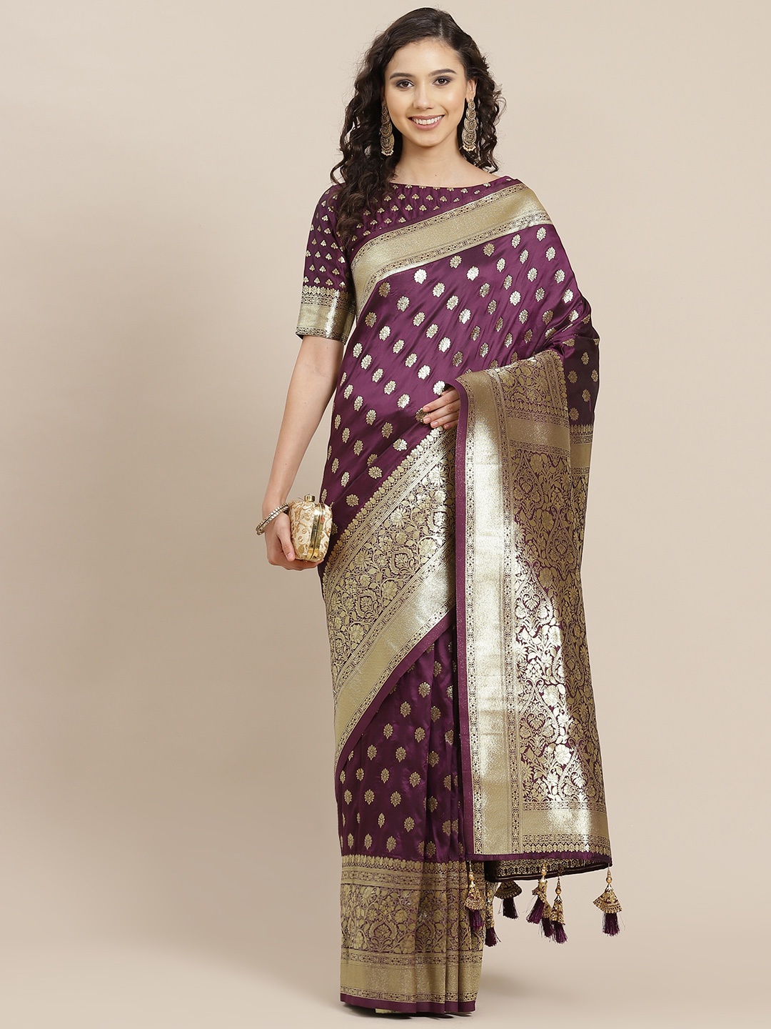 

Inddus Purple & Golden Ethnic Motifs Zari Silk Blend Banarasi Saree