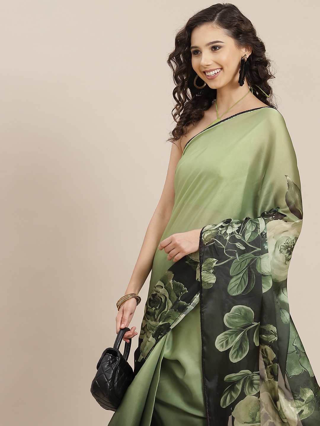 

Inddus Green & Black Floral Print Organza Saree