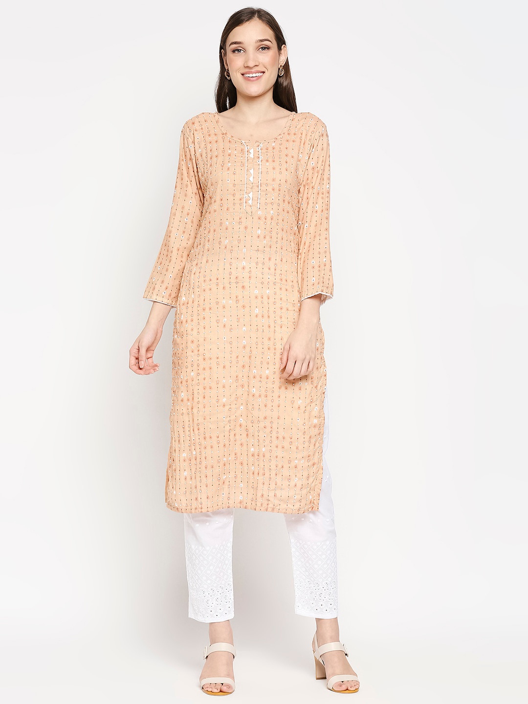 

SALWAR STUDIO Women Peach-Coloured & White Printed Pure Cotton Kurta with Trousers