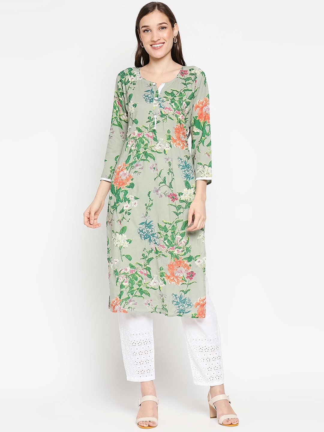 

SALWAR STUDIO Women Green Floral Printed Pure Cotton Kurta with Trousers