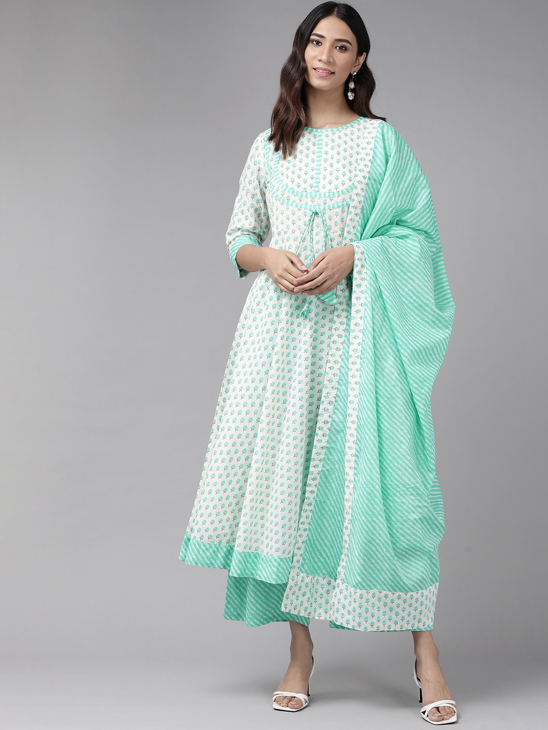 

YASH GALLERY Women White & Green Ethnic Motifs Printed Kurta with Palazzos & With Dupatta