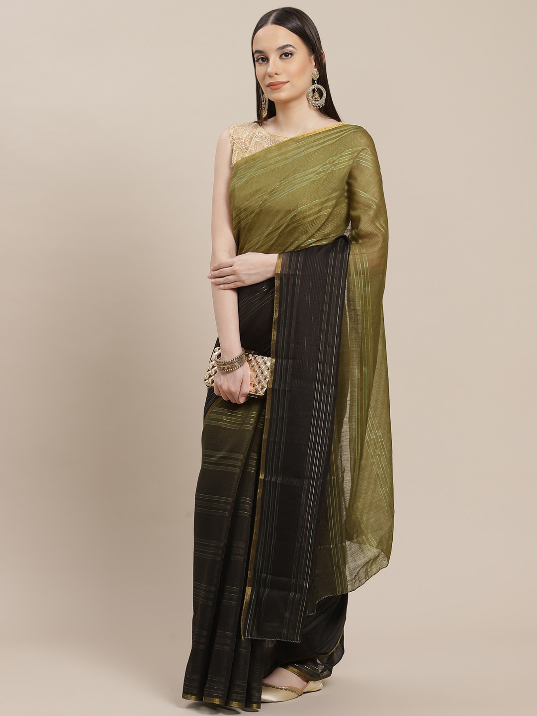 

Anouk Olive Green & Black Striped Saree