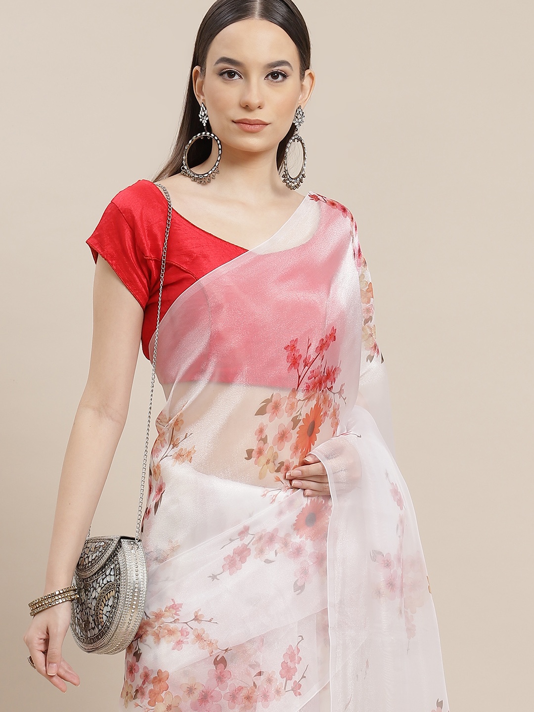 

Anouk White & Red Floral Printed Organza Saree