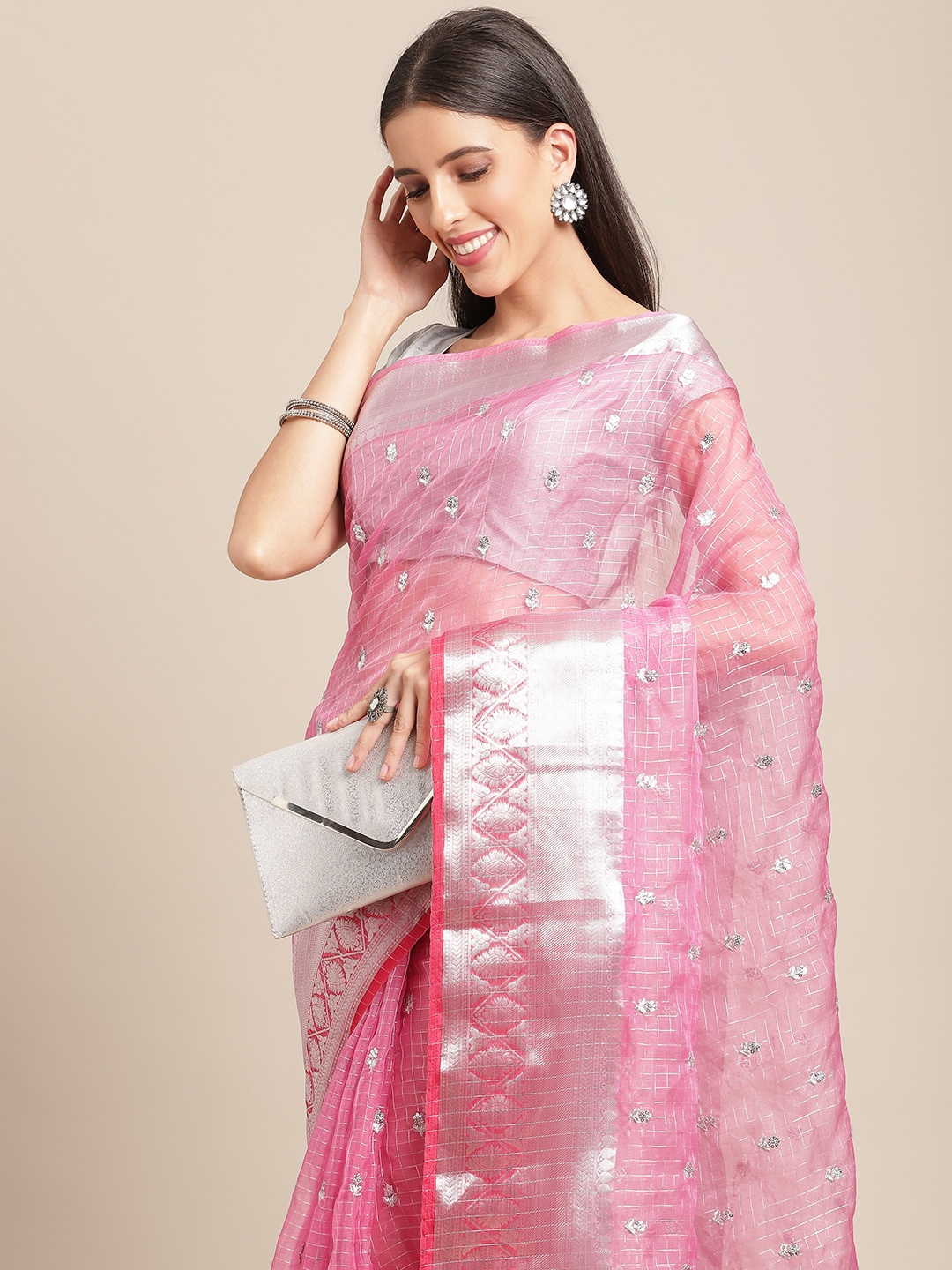 

Anouk Pink & Silver Checked with Woven Design Organza Saree