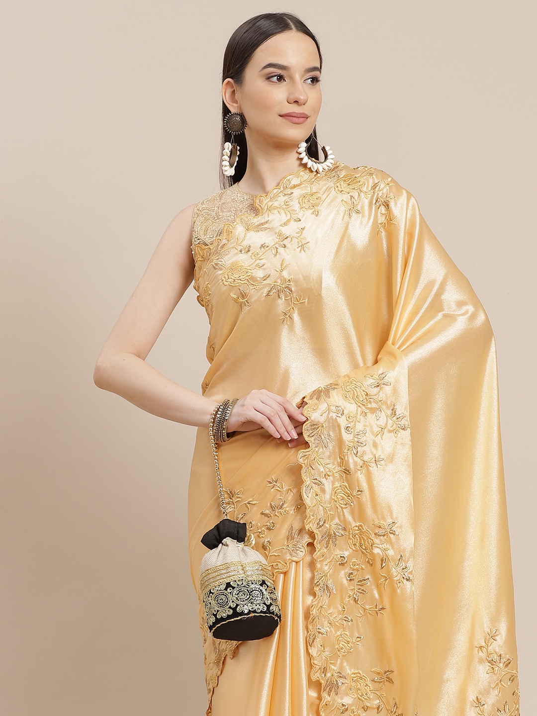 

Anouk Golden Solid Satin Saree With Embroidered Border, Gold