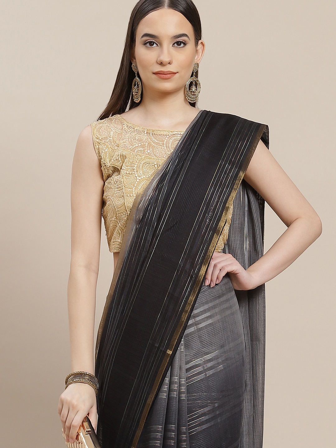 

Anouk Black & Grey Striped Saree with Ombre Effect
