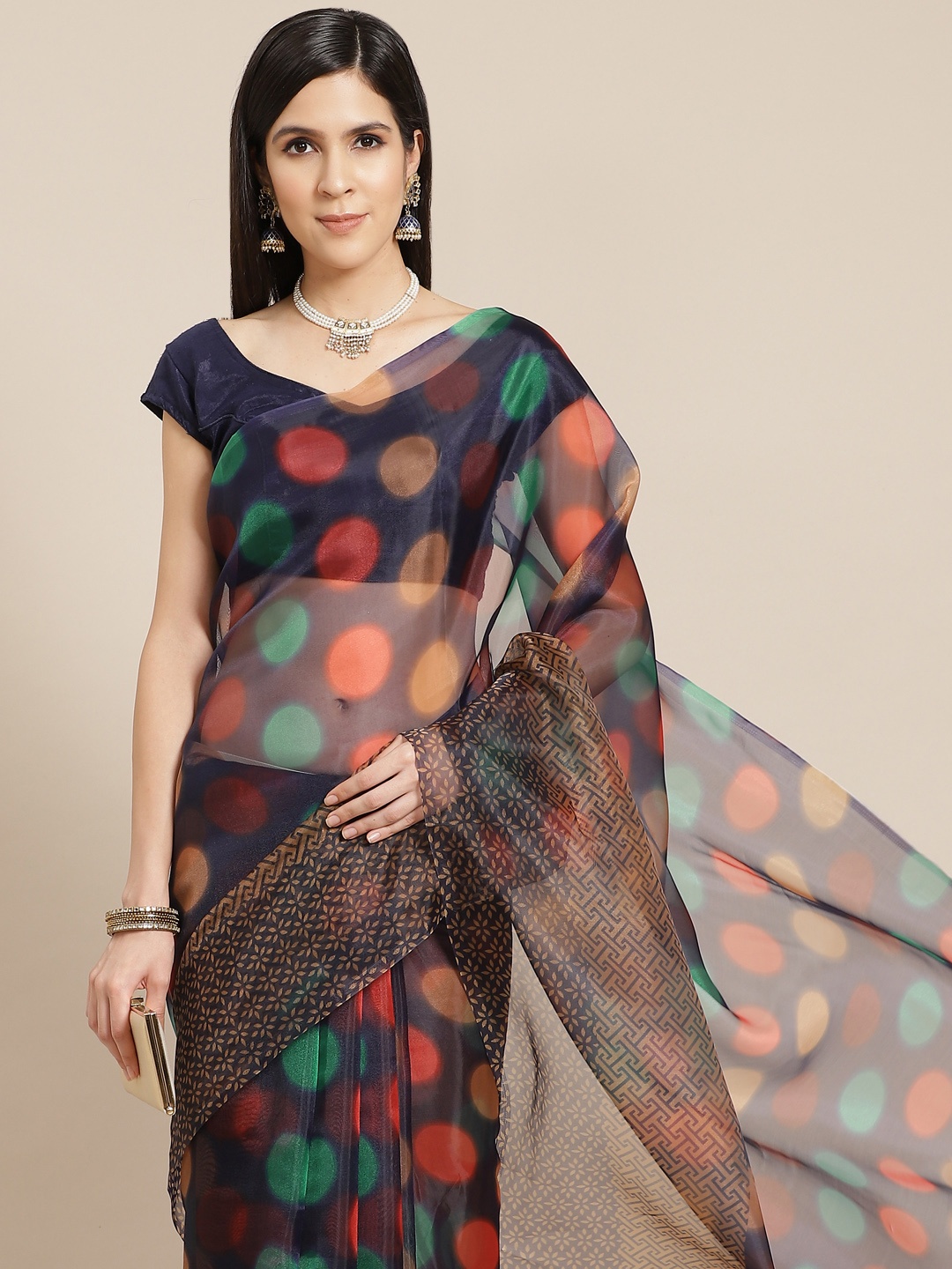 

Anouk Navy Blue & Red Polka Dots Print Organza Saree