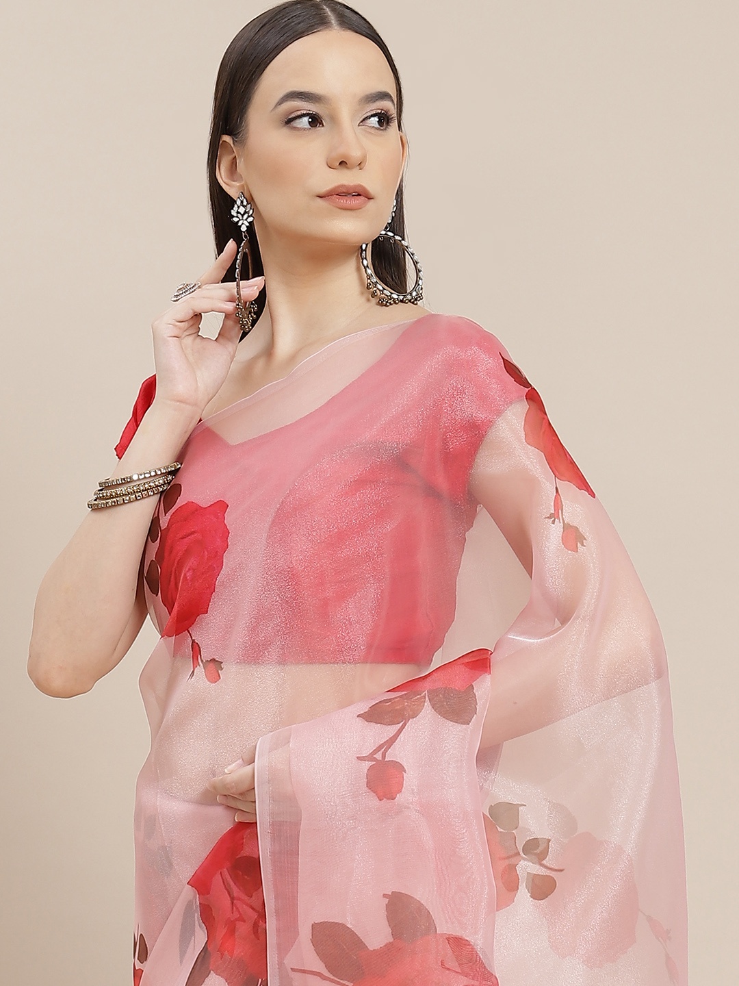 

Anouk Pink & Red Floral Printed Organza Saree