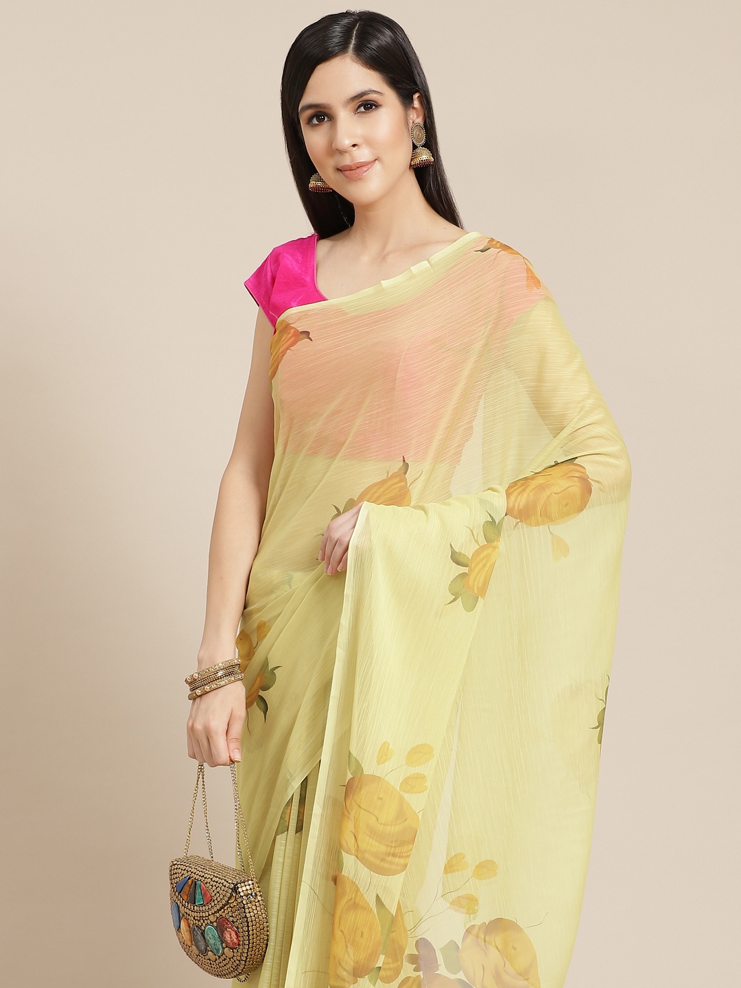 

Anouk Yellow & Green Floral Print Pure Chiffon Saree