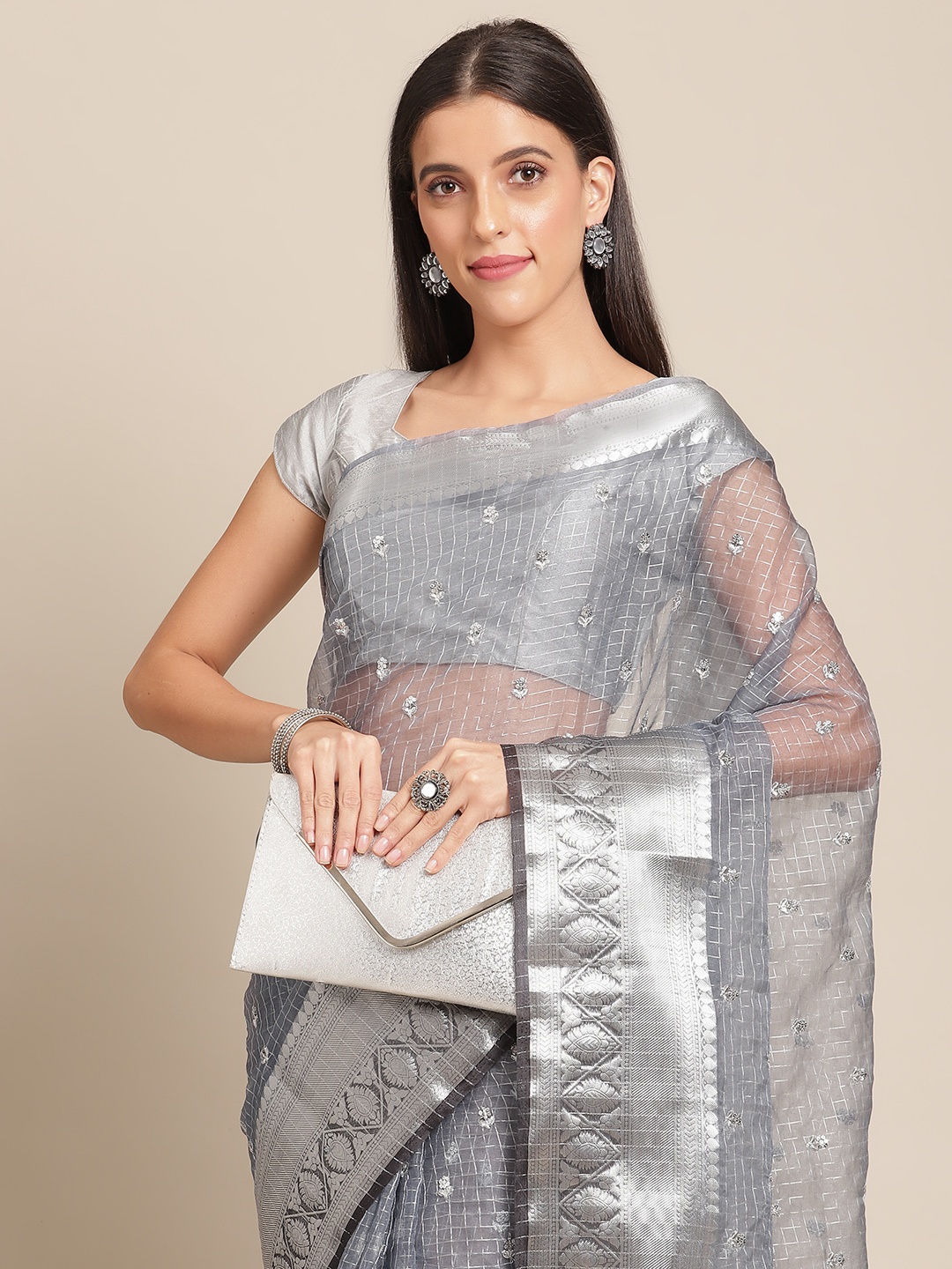 

Anouk Grey Checked Sequinned Organza Saree