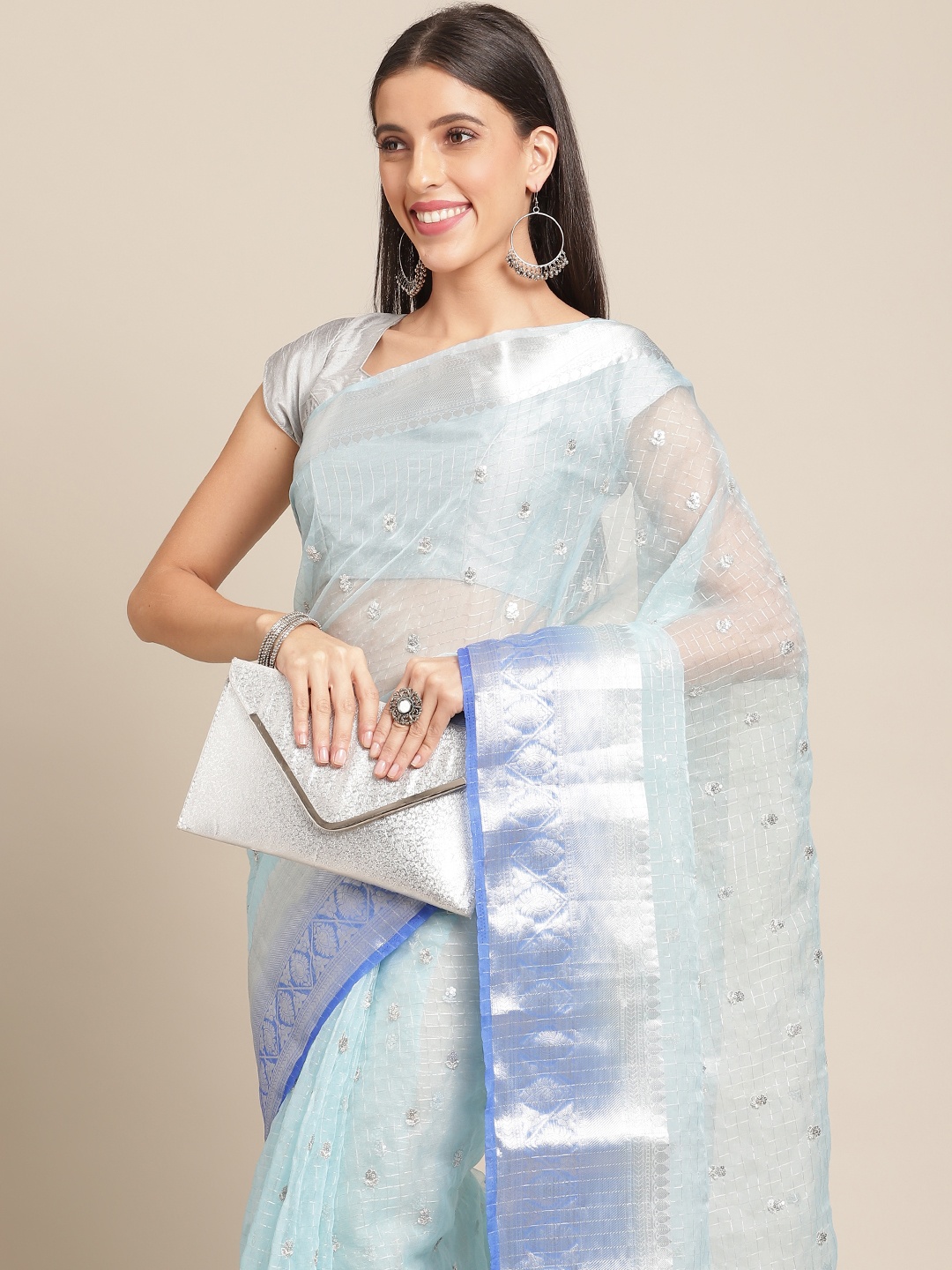 

Anouk Blue & Silver Checked Sequinned Organza Saree
