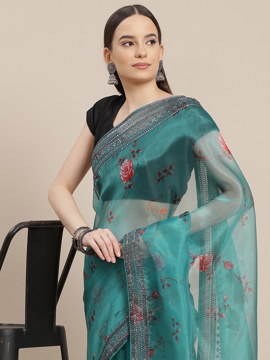 

Anouk Teal Blue & Black Floral Print Organza Saree