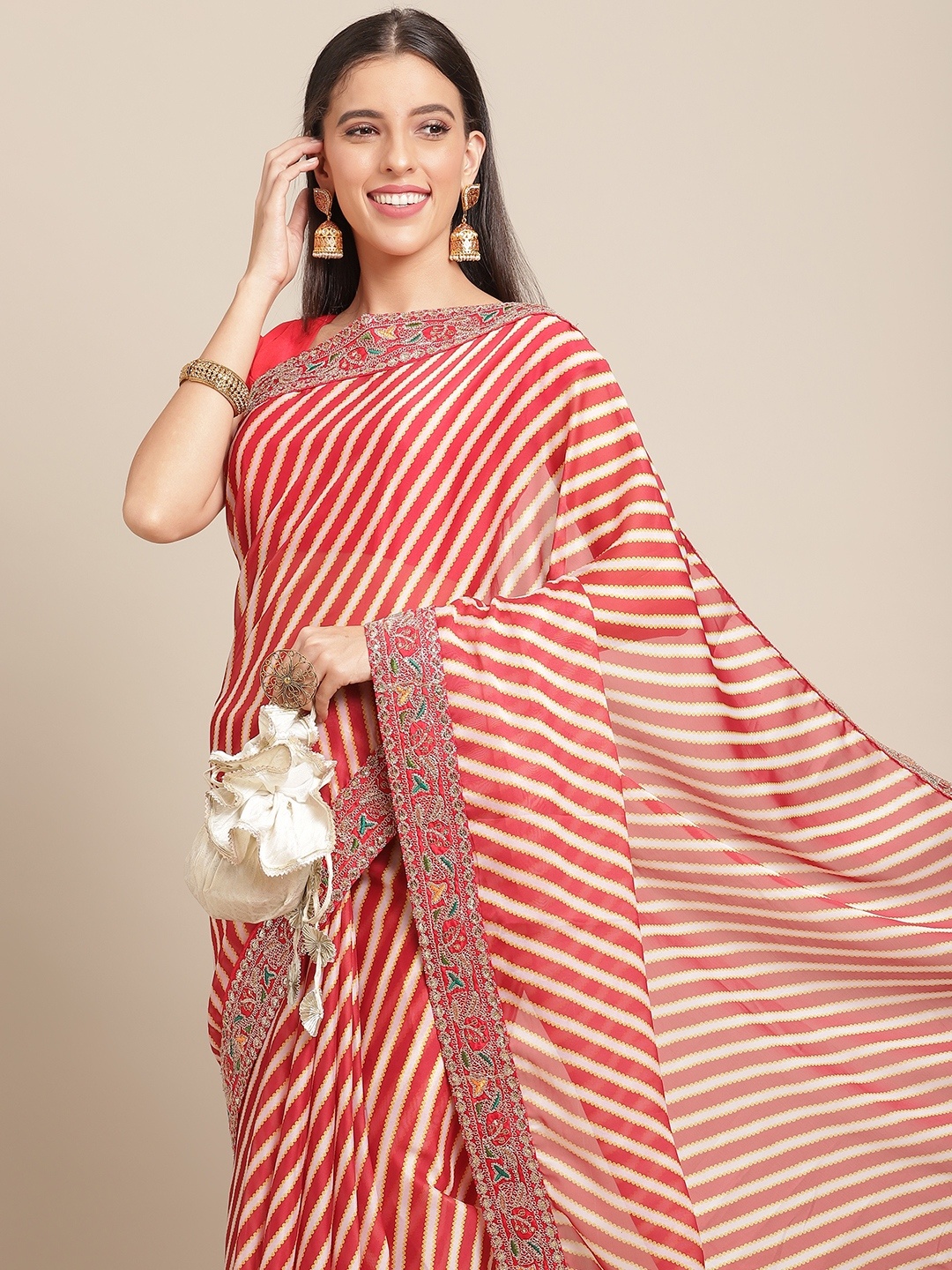 

Anouk Red & White Leheriya Print Saree