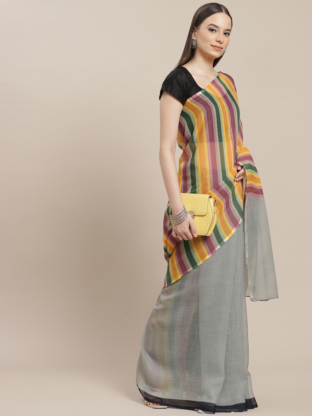 

Anouk Grey & Yellow Striped Saree