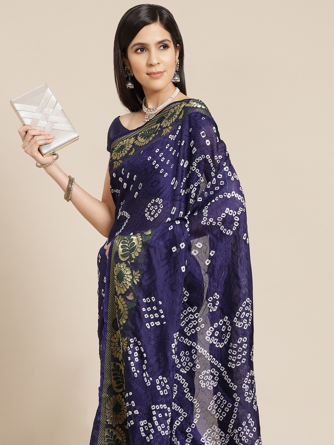 

Anouk Navy Blue & White Bandhani Printed Saree